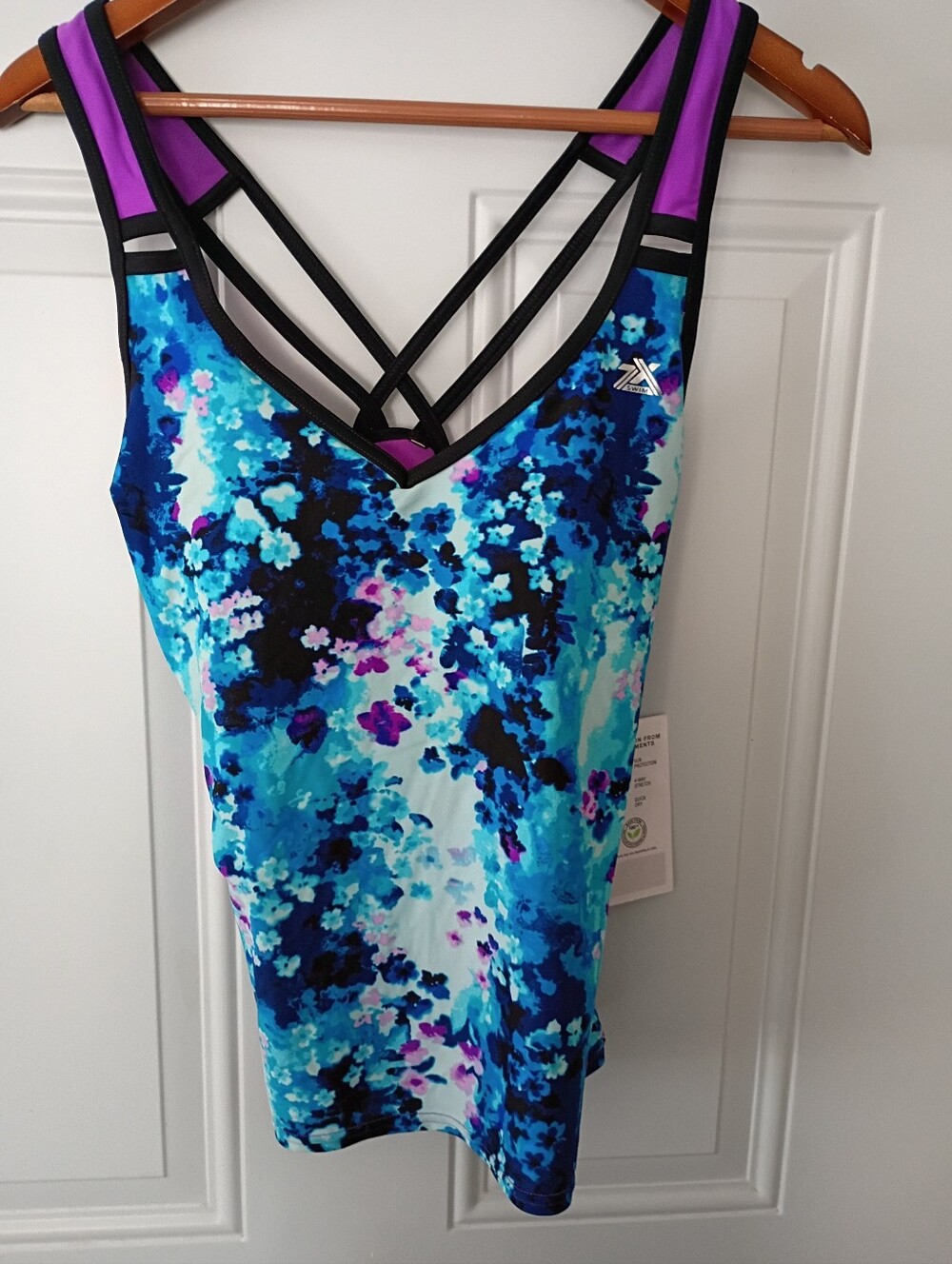 Zeroxposur Blue Floral Strappy Tank with Purple Accents.Sun Smart